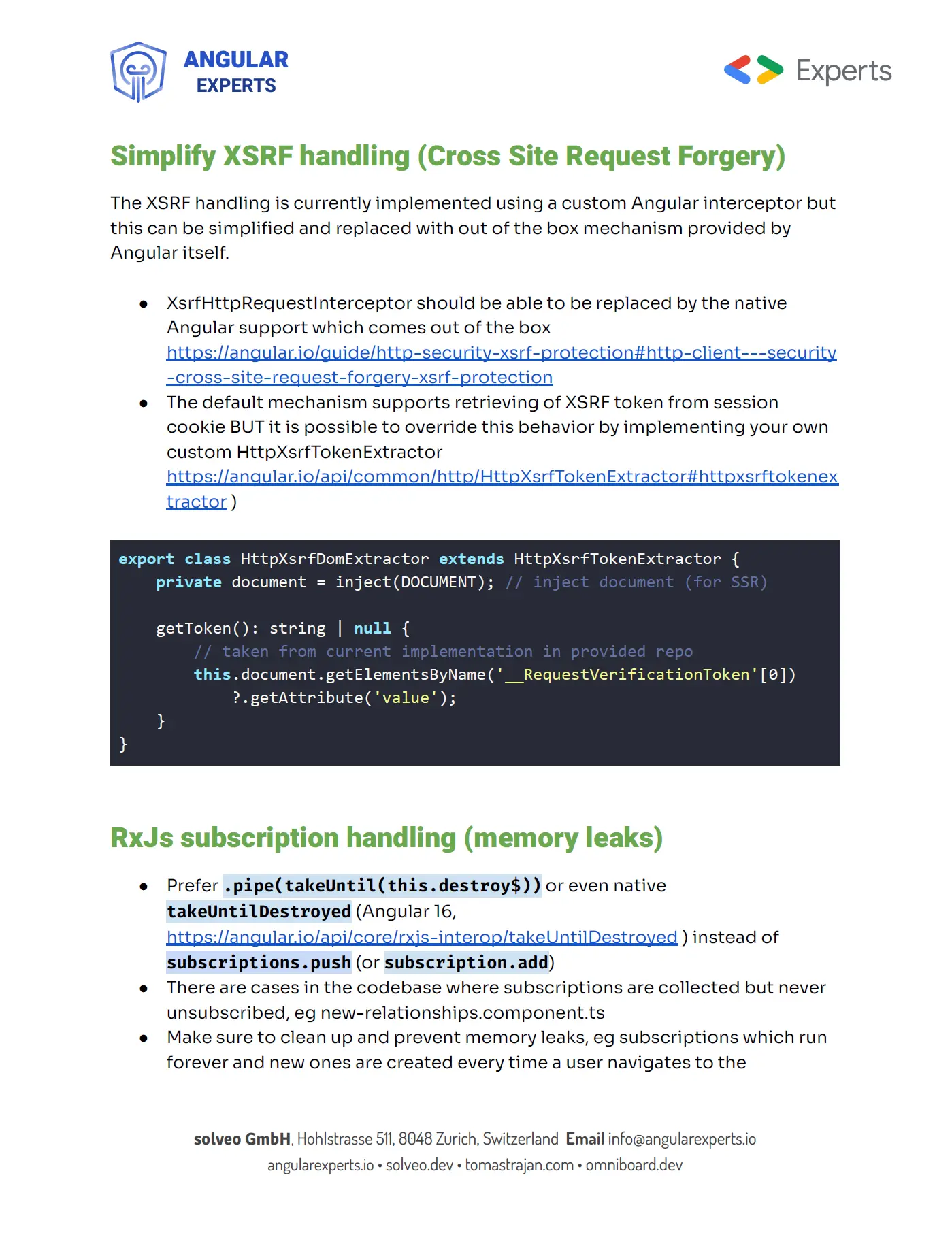 Example page of the Angular project review document by Angular Experts
